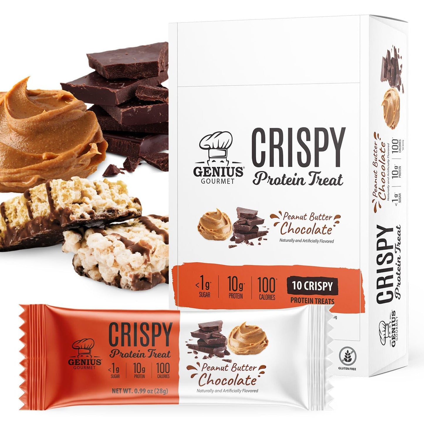 Genius Gourmet Crispy Protein Treat Chocolate Peanut Butter Keto Snack Low Carb Low Sugar & Gluten Free Protein Snacks for Adults 10G of Whey Protein per Protein Bar 5 Net Carbs 10 CT