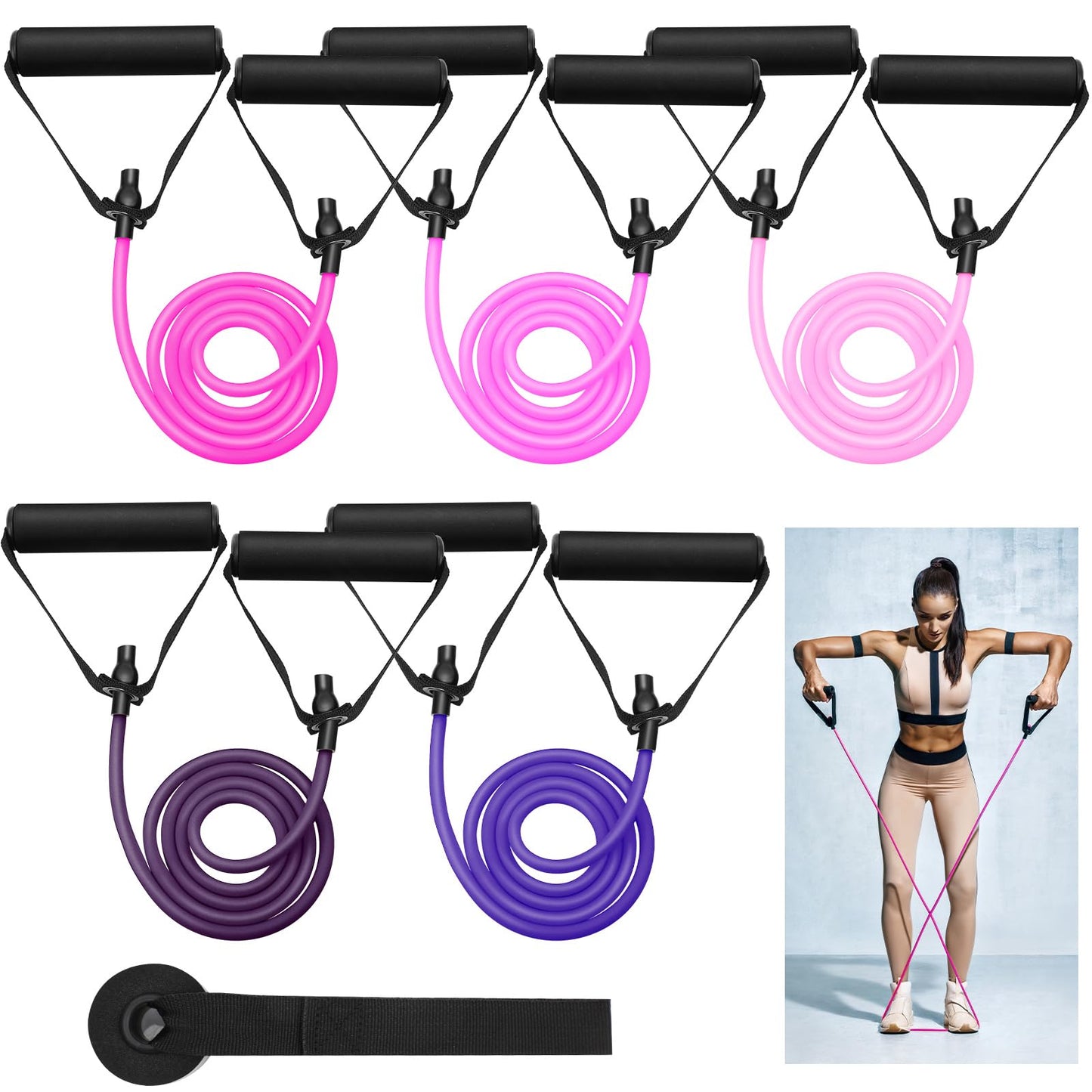 5 Pcs Exercise Resistance Bands with Handles Workout Bands Physical Resistance Tube Bands with Door Anchor for Men Women Muscle Toning Strength Training (Purple)