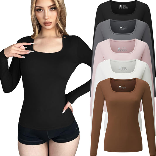 FMNNNN 5 Pack Long Sleeve Square Neck T Shirts for Women Layering Tops Fall and Winter Warm Base Shirts Fitted Casual Stretchy Basic Apparel Activewear Tight Soft Slim Fit Workout Clothing Shapewear