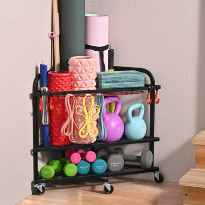 PLKOW Yoga Mat Storage Rack Home Gym Storage Rack for Yoga Mat Foam Roller Resistance Bands Yoga Block and Dumbbells Rolling Workout Storage Rack with Wheels and Hooks Powder Coated Finish Steel